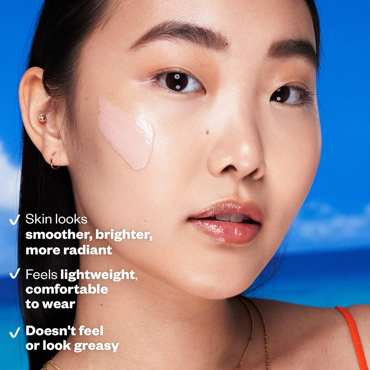 Kosas formula with hyaluronic acid, ceramides, peptides supports hydrated skin during sun care.