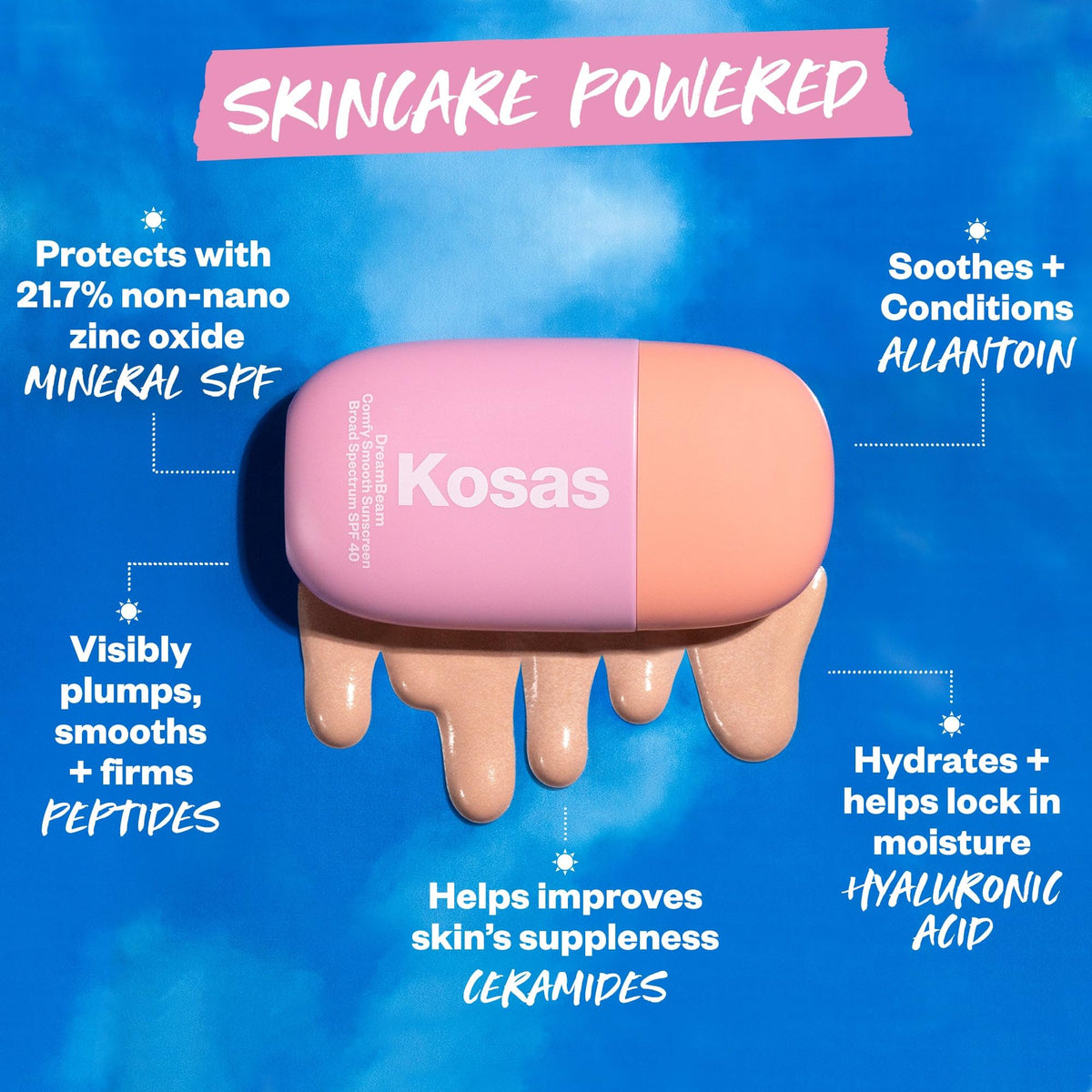 Kosas Mini DreamBeam bottle shows lightweight, sheer coverage for daily wear.