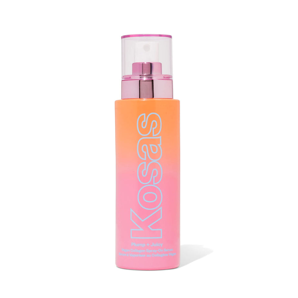Kosas Plump and Juicy vegan collagen spray bottle releasing hydrating mist.