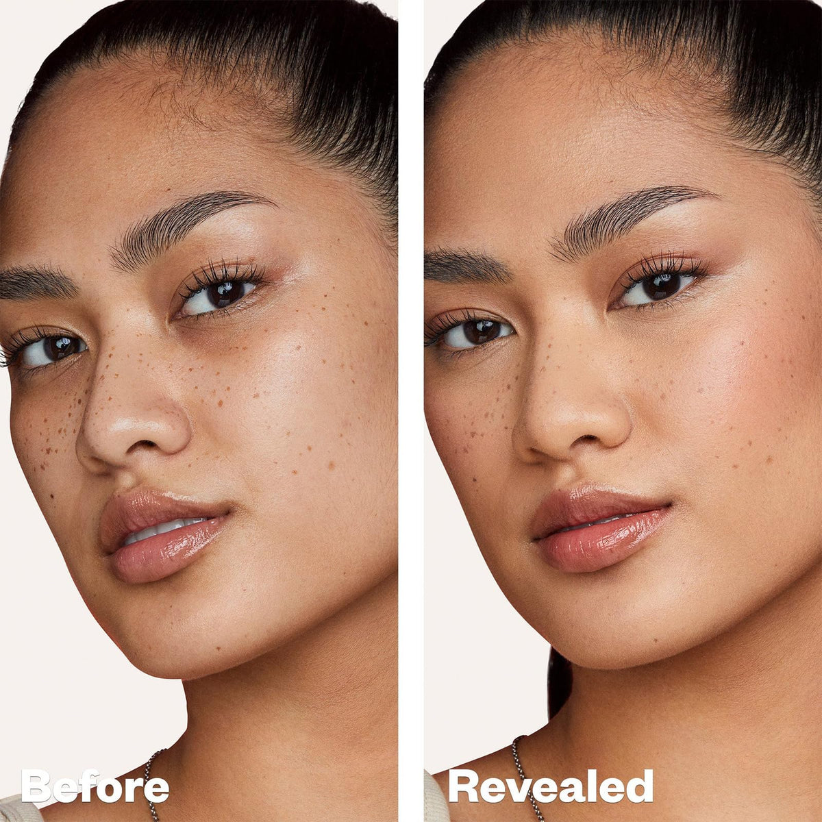 Texture on skin from Kosas Revealer foundation shows smooth, skin-like finish