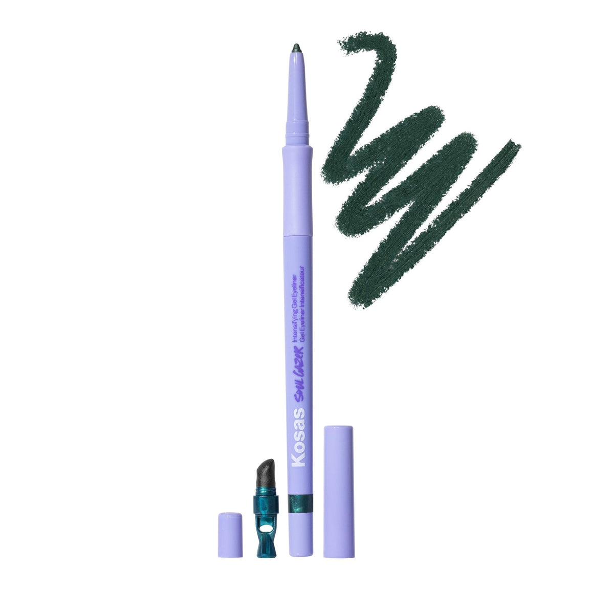 Kosas Soulgazer gel eyeliner emerald green satin for bold, long-lasting definition.