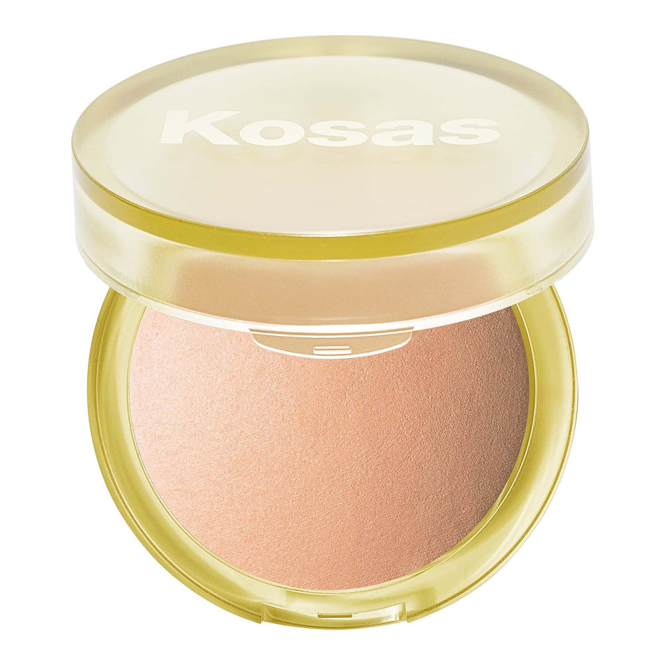 Kosas Sun Show Glowy Warmth Tropic compact closeup highlighting creamy, hydrating bronzer texture.