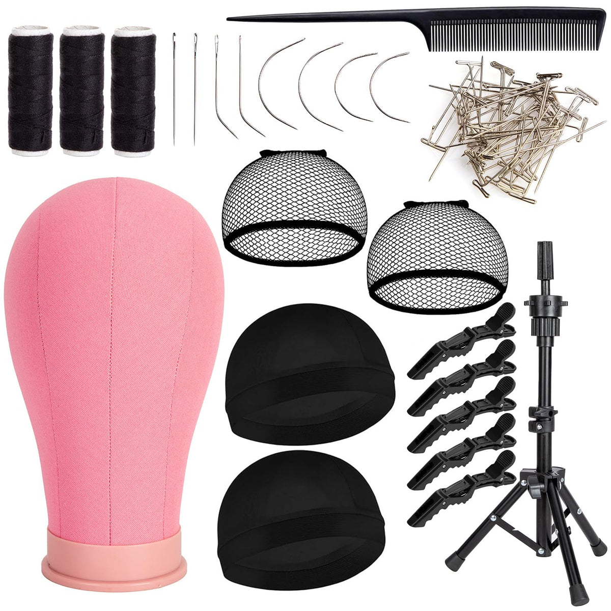 Koskusder 22-inch pink canvas wig head with stand for easy wig shaping