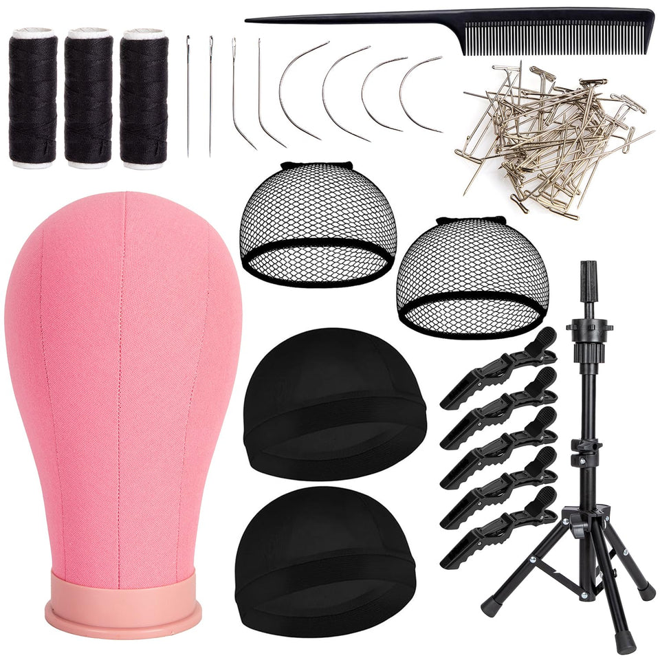 Koskusder 22-inch pink canvas wig head with stand for easy wig shaping