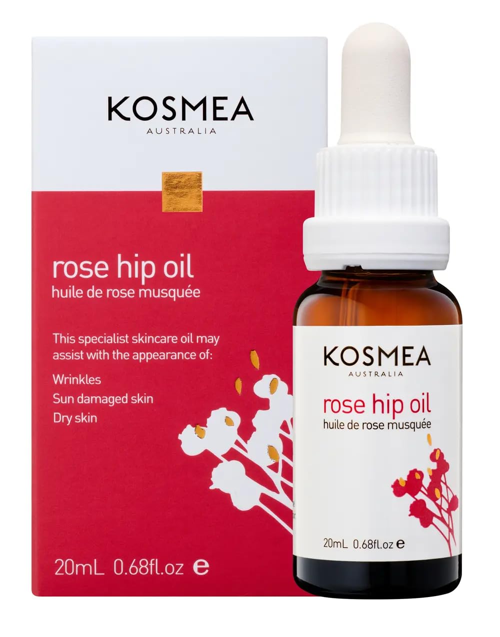 Kosmea Rosehip Oil ingredient panel highlights essential fatty acids and vitamins