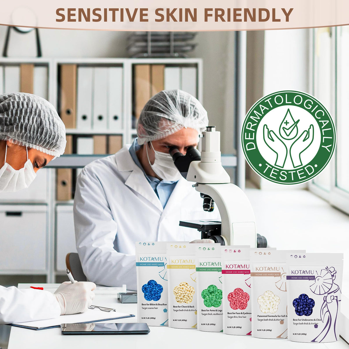 KOTAMU facial waxing beads applied smoothly for sensitive skin.