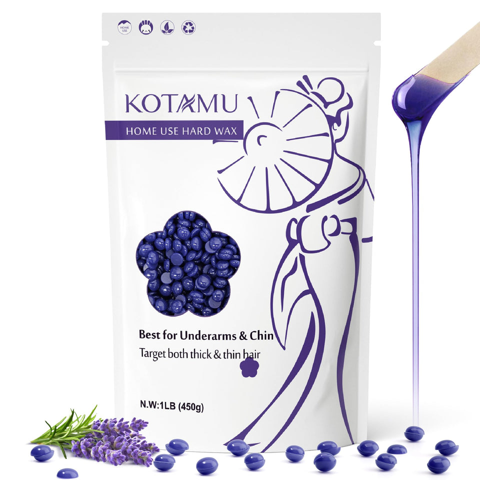 KOTAMU lavender hard wax beads in bottle for gentle, lasting smoothness.