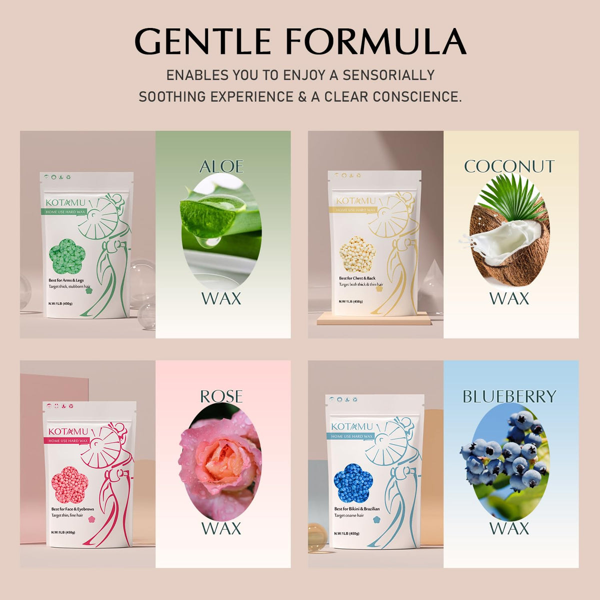 KOTAMU wax beads gentle on sensitive skin for comfortable waxing.