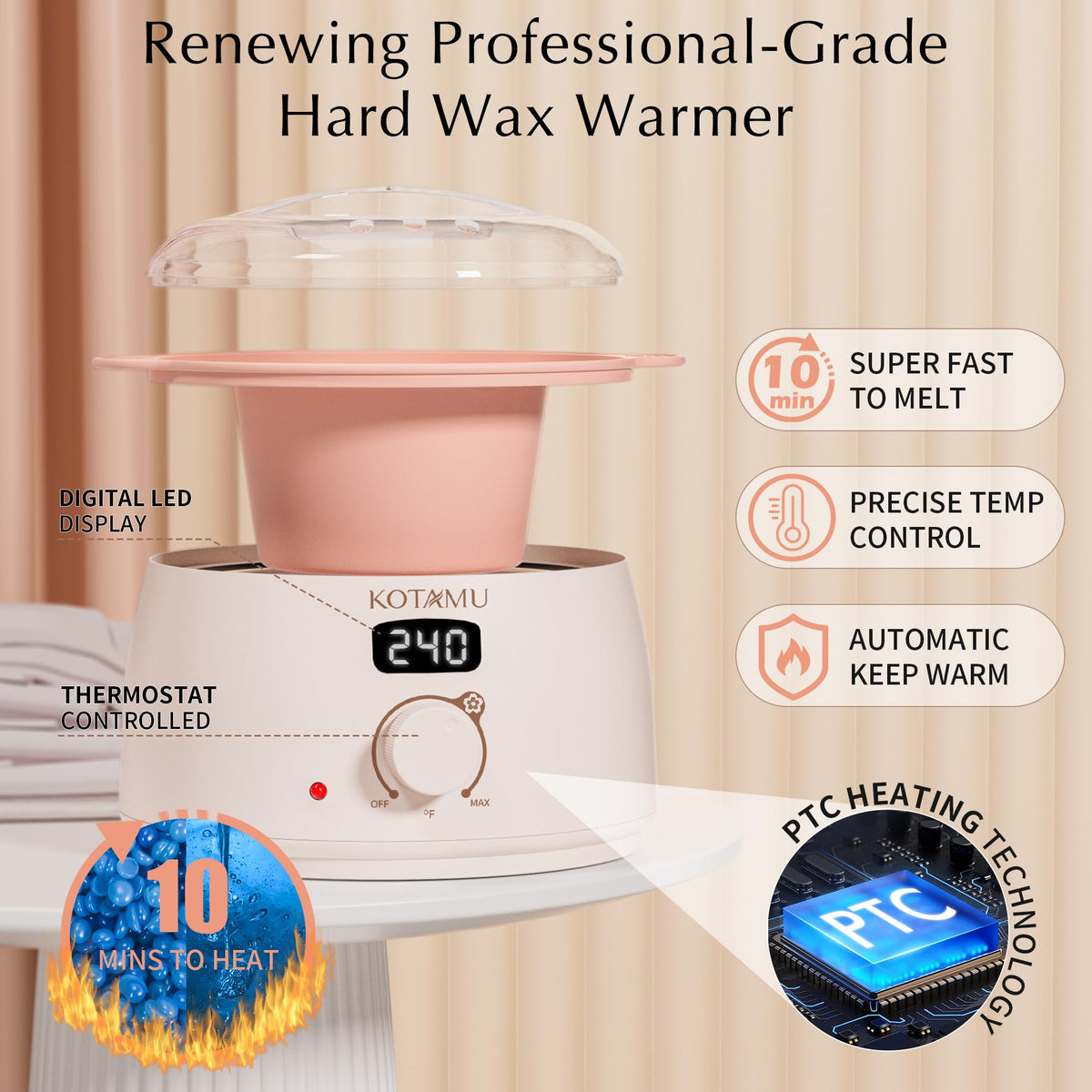 KOTAMU wax warmer control panel showing precise temperature control