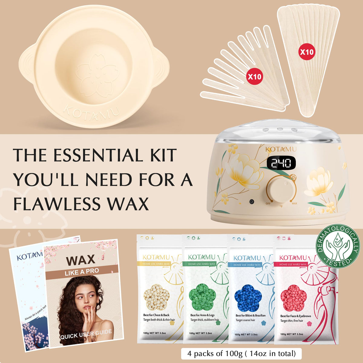 KOTAMU Brazilian wax formula in the kit delivers reliable grip for hair removal.