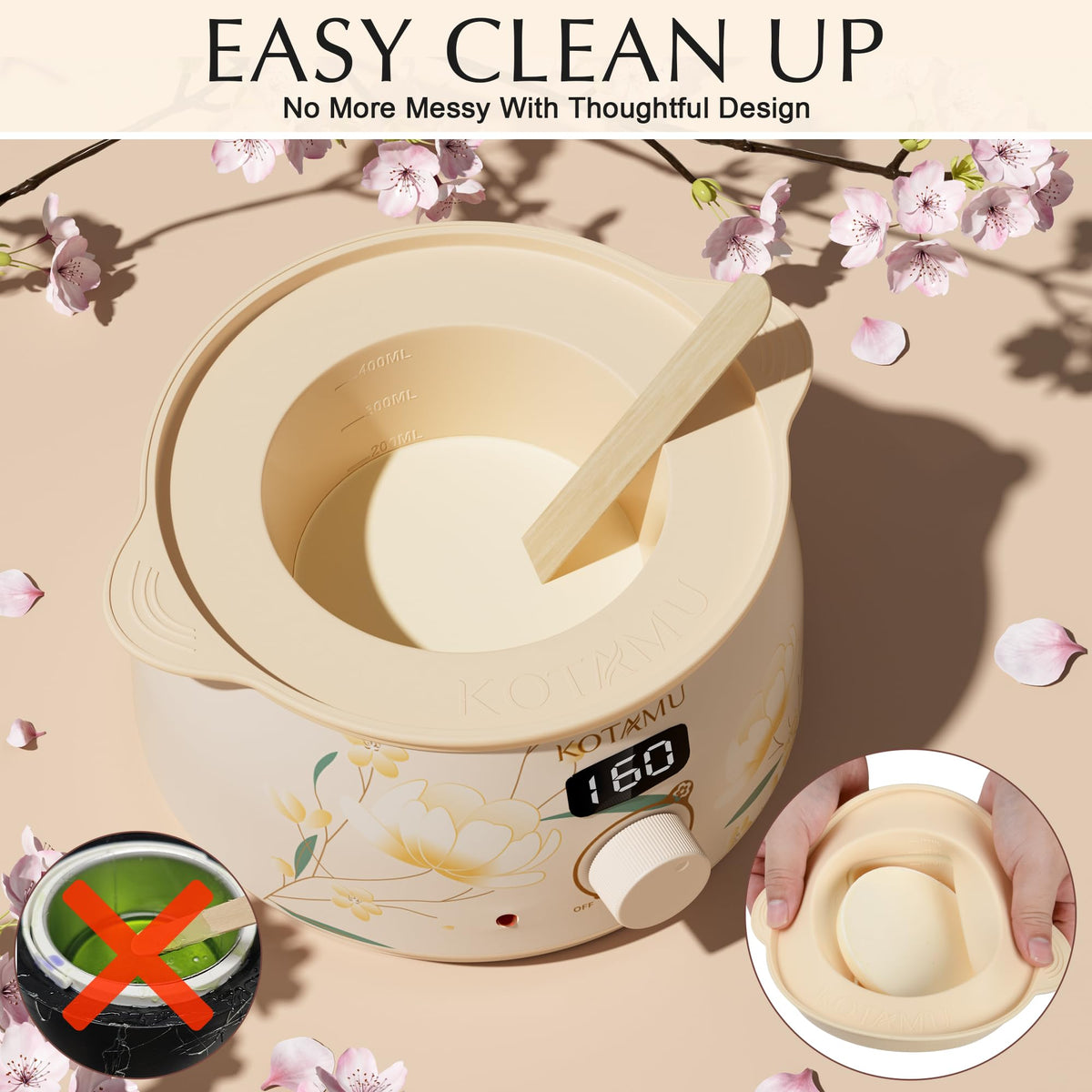 KOTAMU easy-cleanup silicone pot makes post-wax cleanup quick and neat.