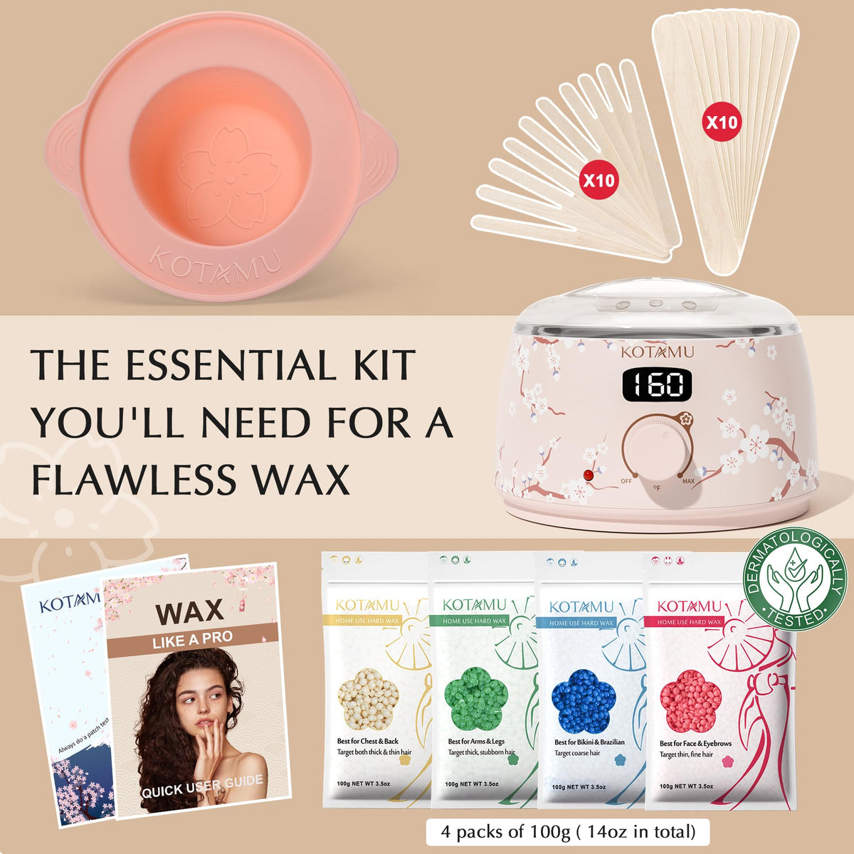 KOTAMU waxing kit with PTC technology heats quickly and evenly.