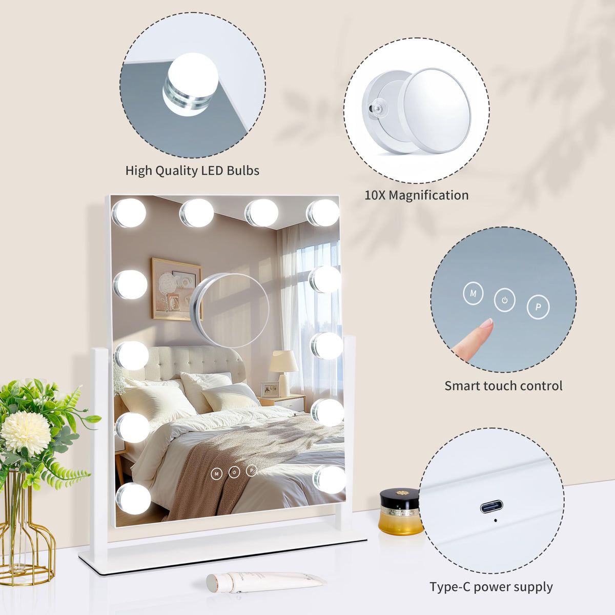 Kotdning vanity mirror with 360-degree rotation for flexible viewing angles.