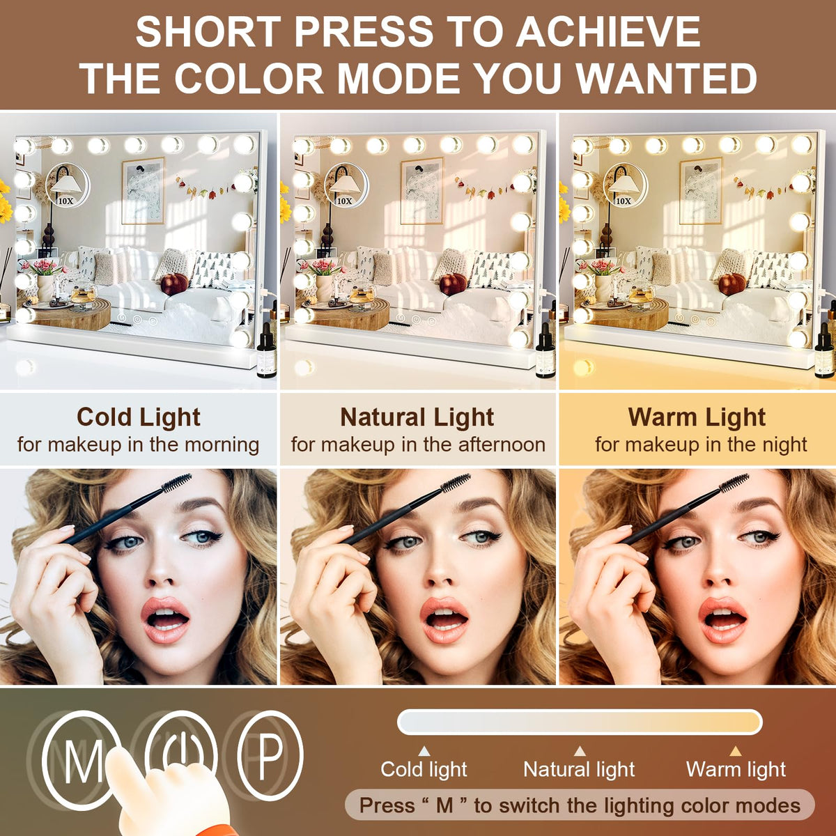 Kottova Hollywood mirror showing tri color lighting for versatile looks