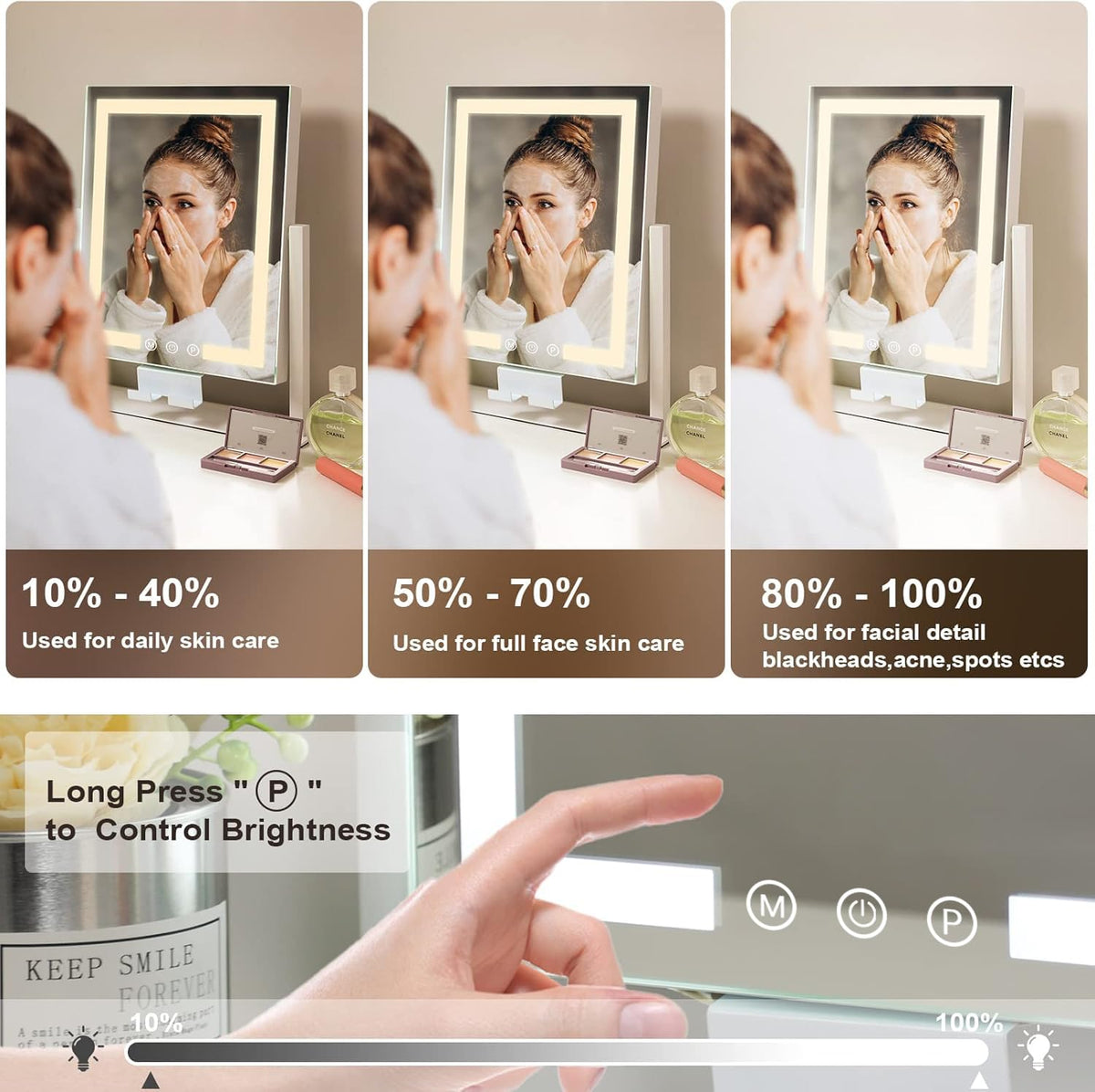 Kottova vanity mirror 10x magnifier enables close-up detail for flawless application.