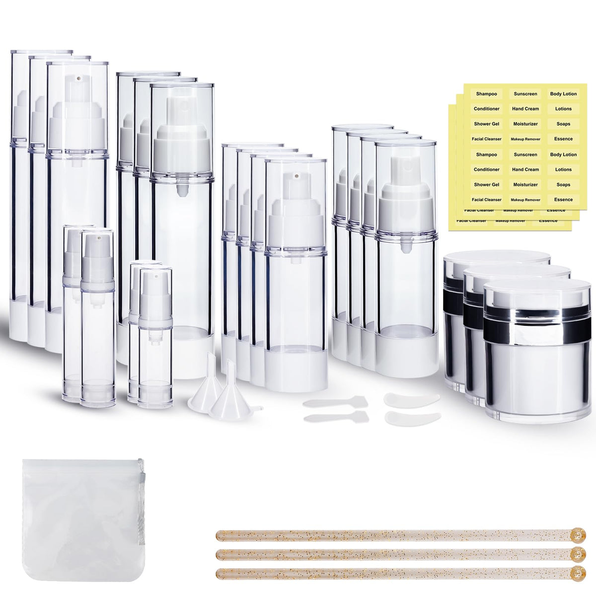 KOUWICH 34-piece airless pump jar set for travel-sized creams and serums.