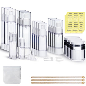 KOUWICH 34-piece airless pump jar set for travel-sized creams and serums.