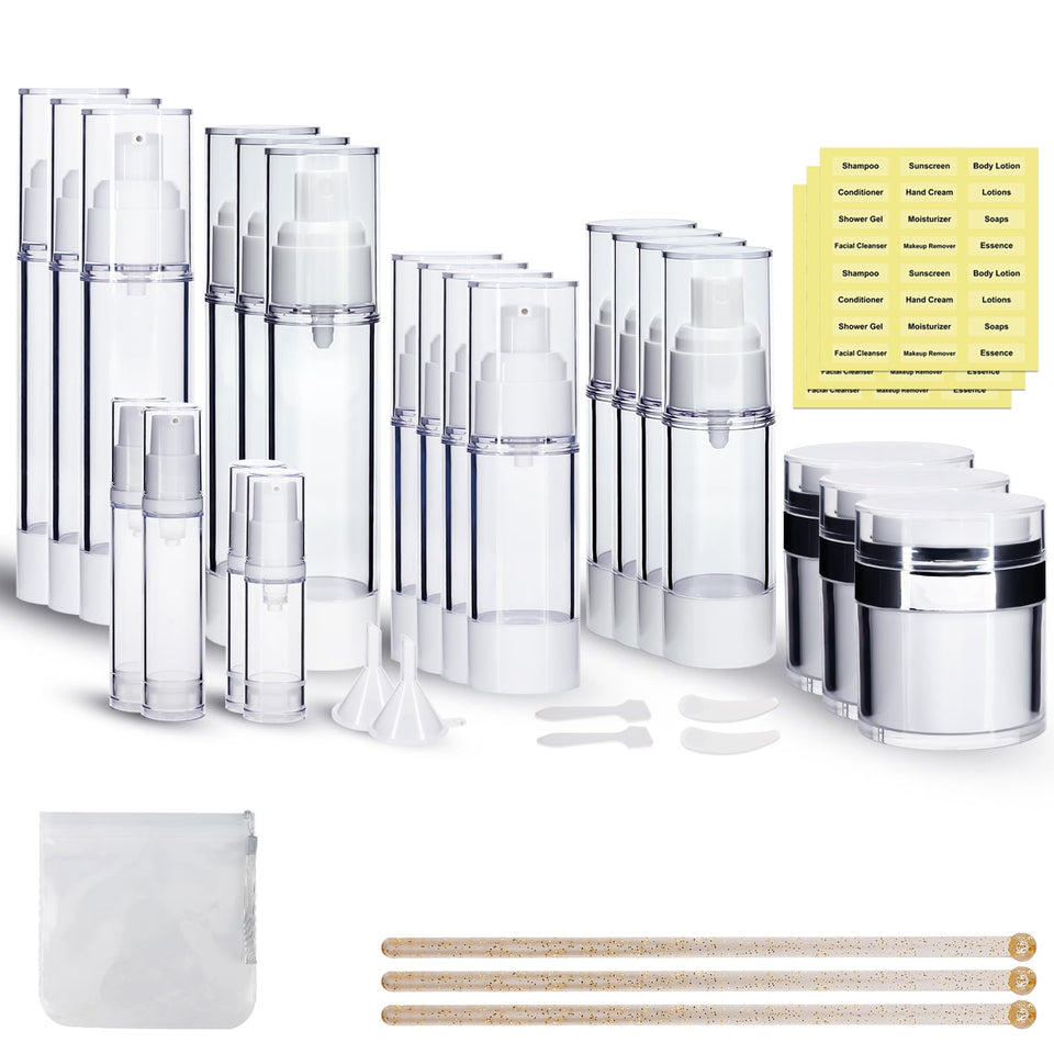 KOUWICH 34-piece airless pump jar set for travel-sized creams and serums.
