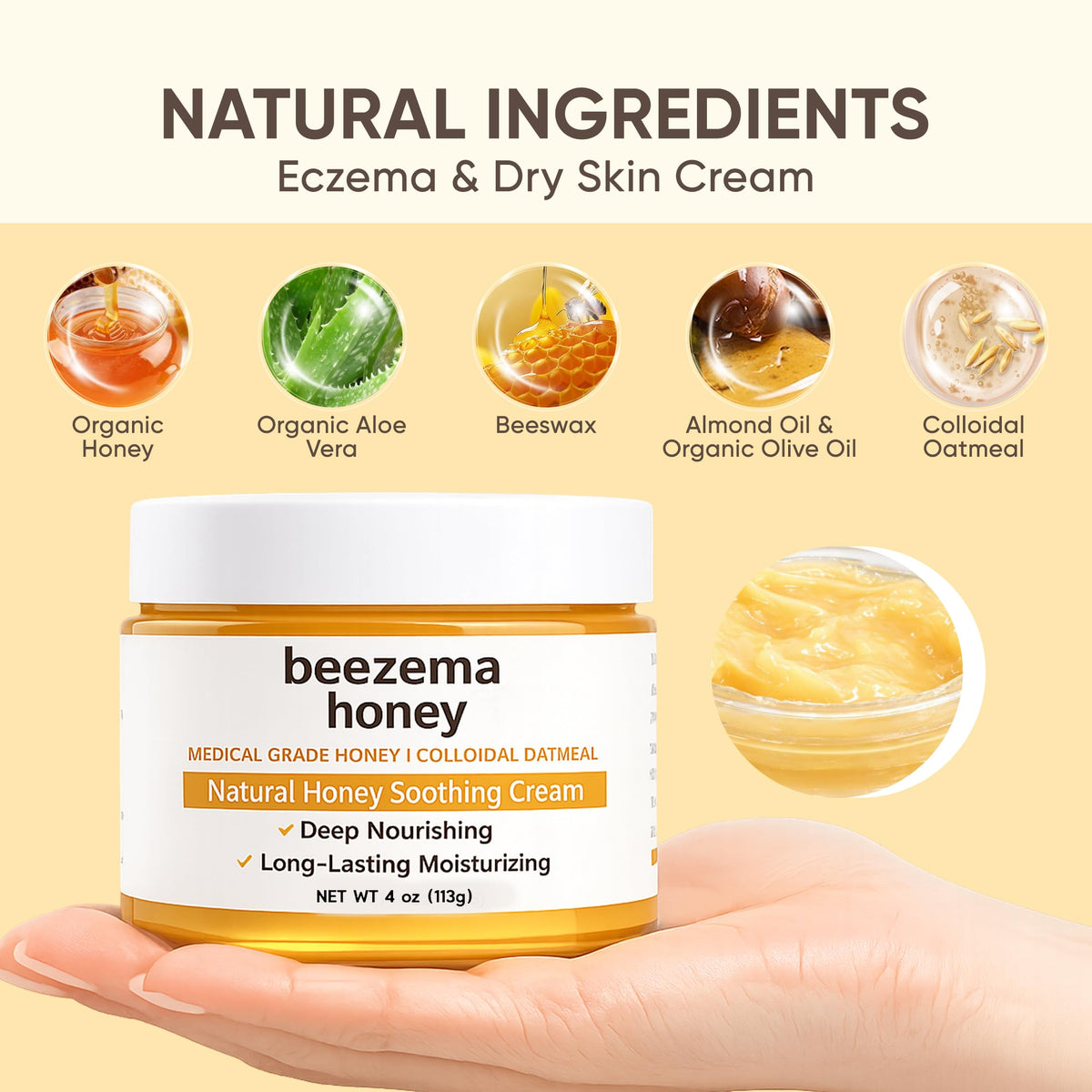 KOVGOCY Beezema honey cream texture close-up shows smooth, non-greasy finish.