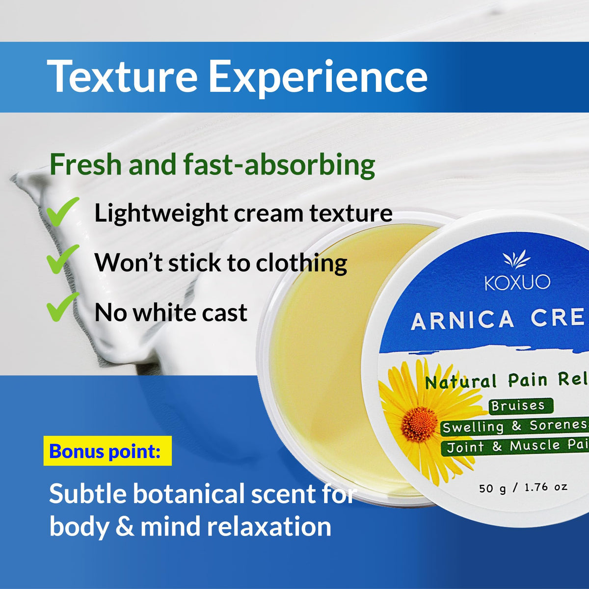 KOXUO Arnica Cream texture close-up highlights fast-absorbing formula