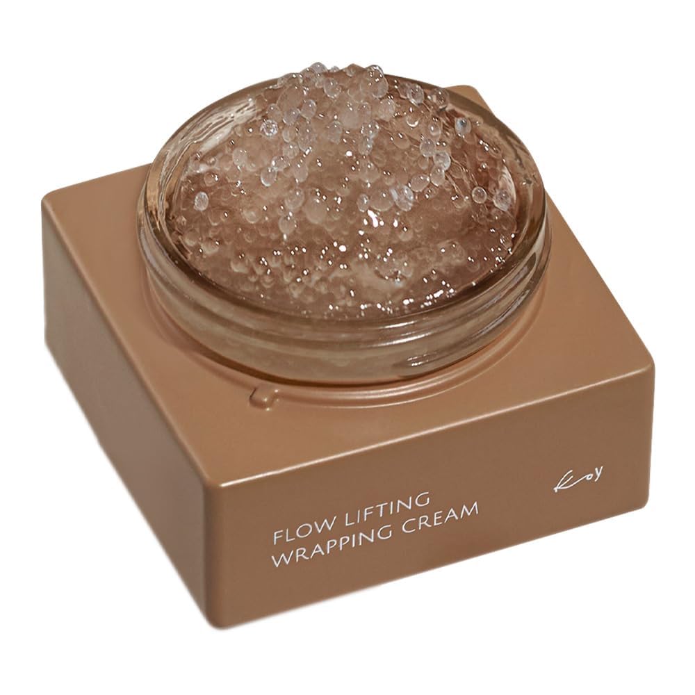 KOY Flow lifting wrapping cream bottle shows radiant hydrated skin potential.