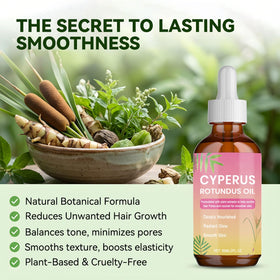 KPEBN Cyperus Rotundus Oil bottle label highlighting natural ingredients.