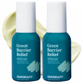 KraveBeauty Great Barrier Relief Serum bottle shows fragrance-free hydration for sensitive skin.
