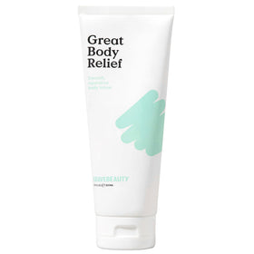 KraveBeauty Great Body Relief bottle with pump demonstrates fast-absorbing fragrance-free hydration.