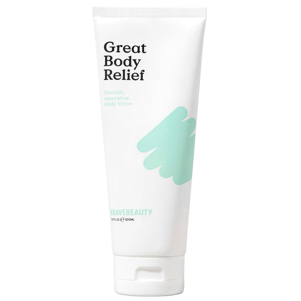 KraveBeauty Great Body Relief bottle with pump demonstrates fast-absorbing fragrance-free hydration.