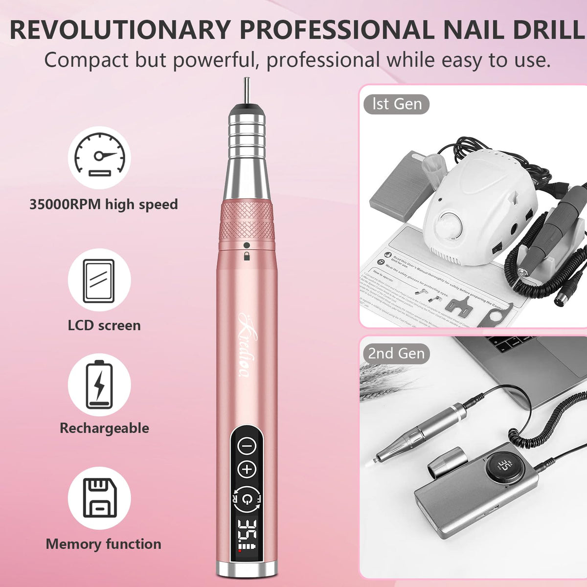 Kredioo nail drill battery life shown, up to five hours for multiple clients.