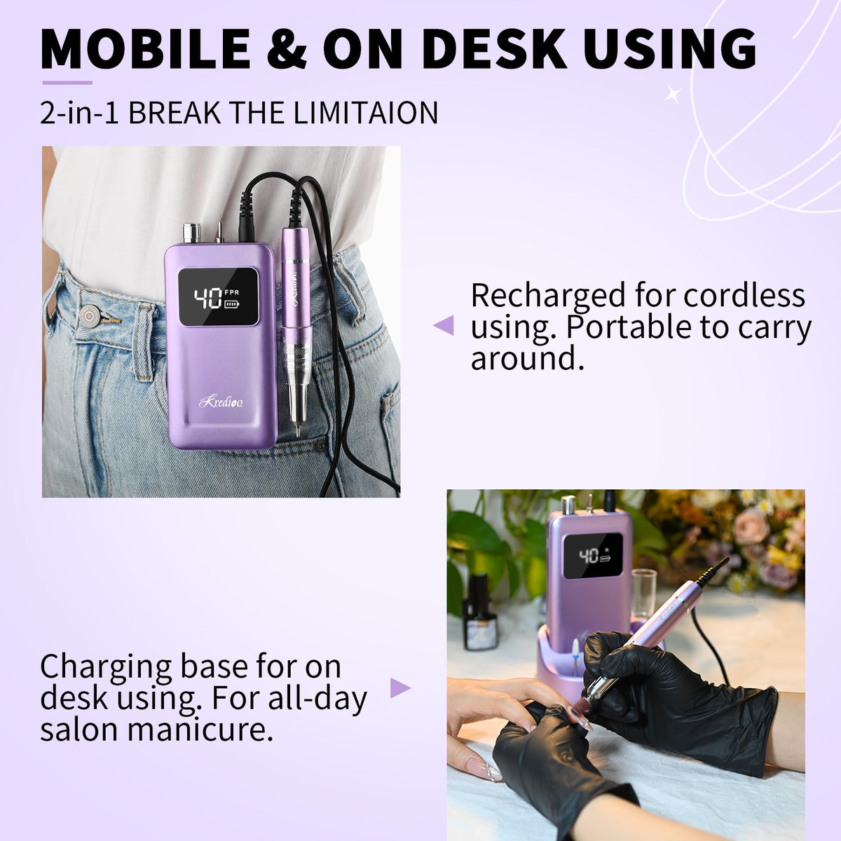 Kredioo nail drill desk-and-portable 2-in-1 for studio and on-the-go use.