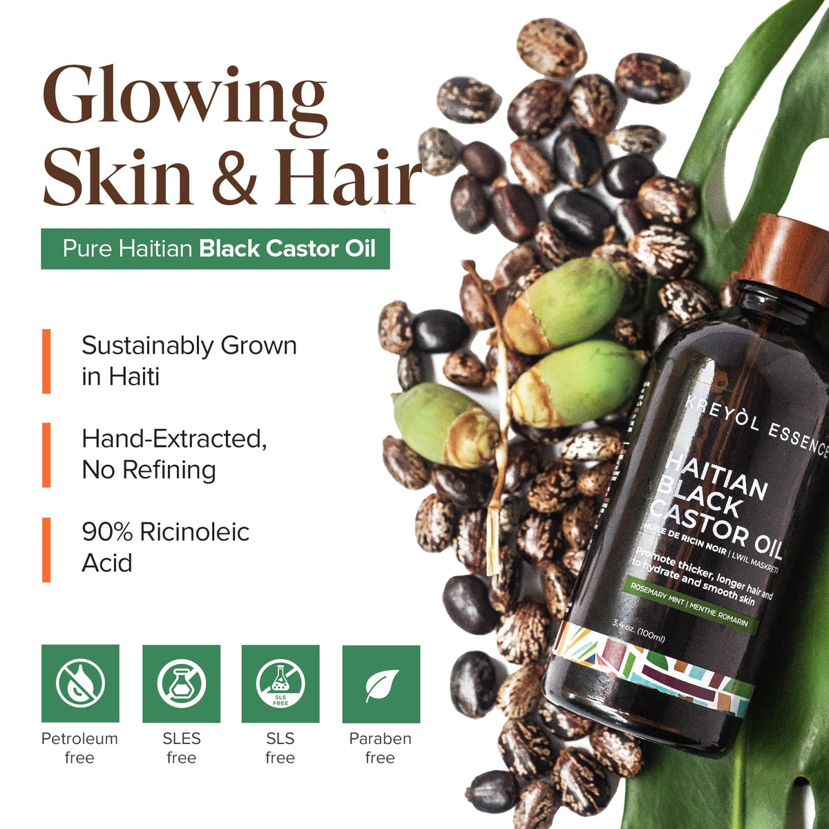 Glass bottle of Kreyol Essence oil on a shelf signaling premium quality