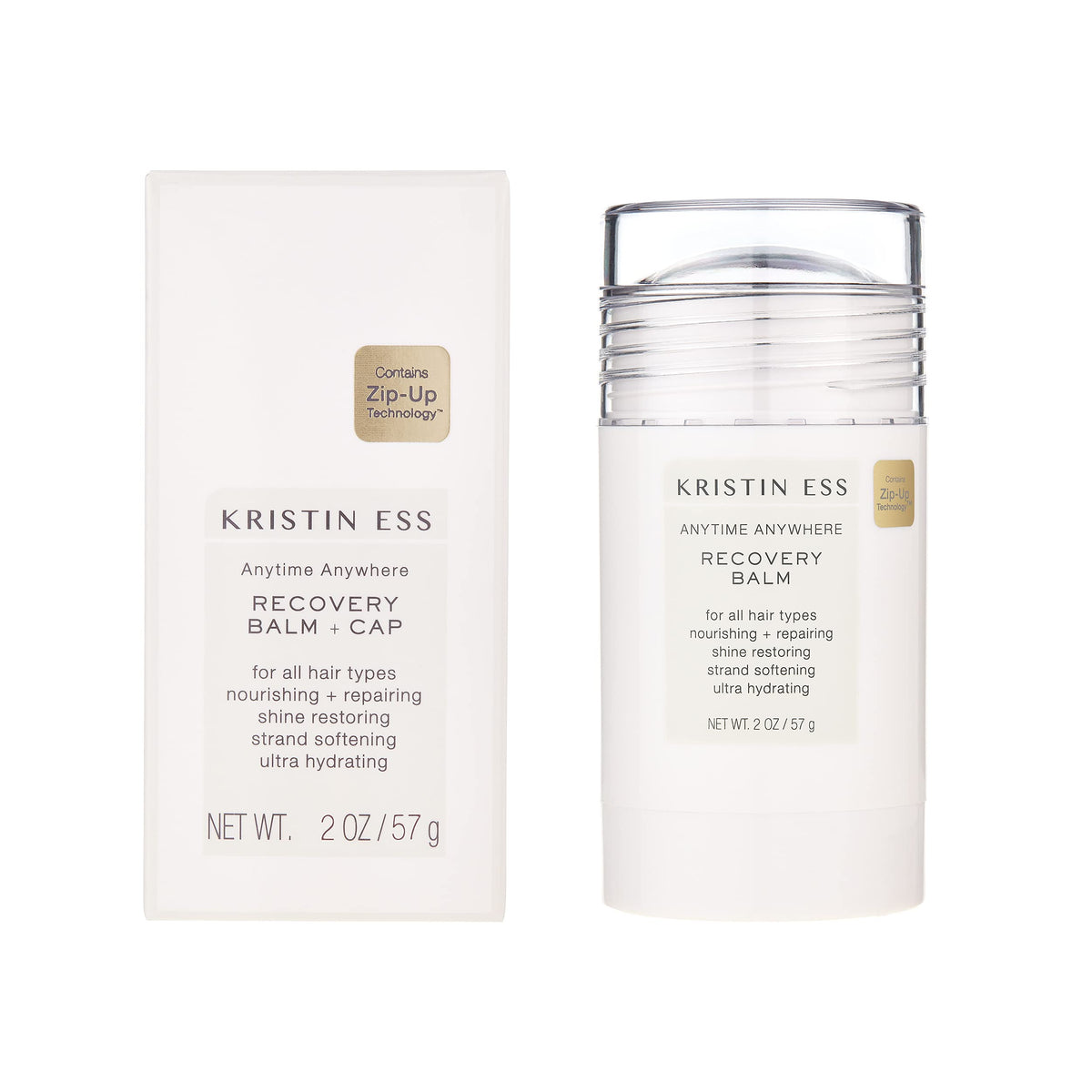 Kristin Ess Hair Recovery Balm Stick in use for moisture restoration.
