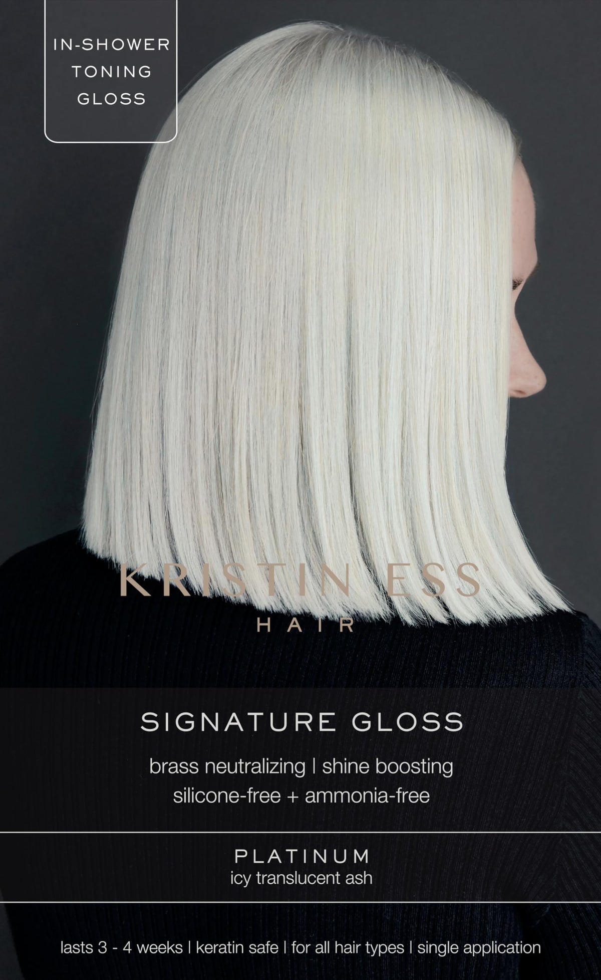 Kristin Ess The One Signature Hair Gloss Platinum bottle pour boosts vibrancy and neutralizes warm undertones.