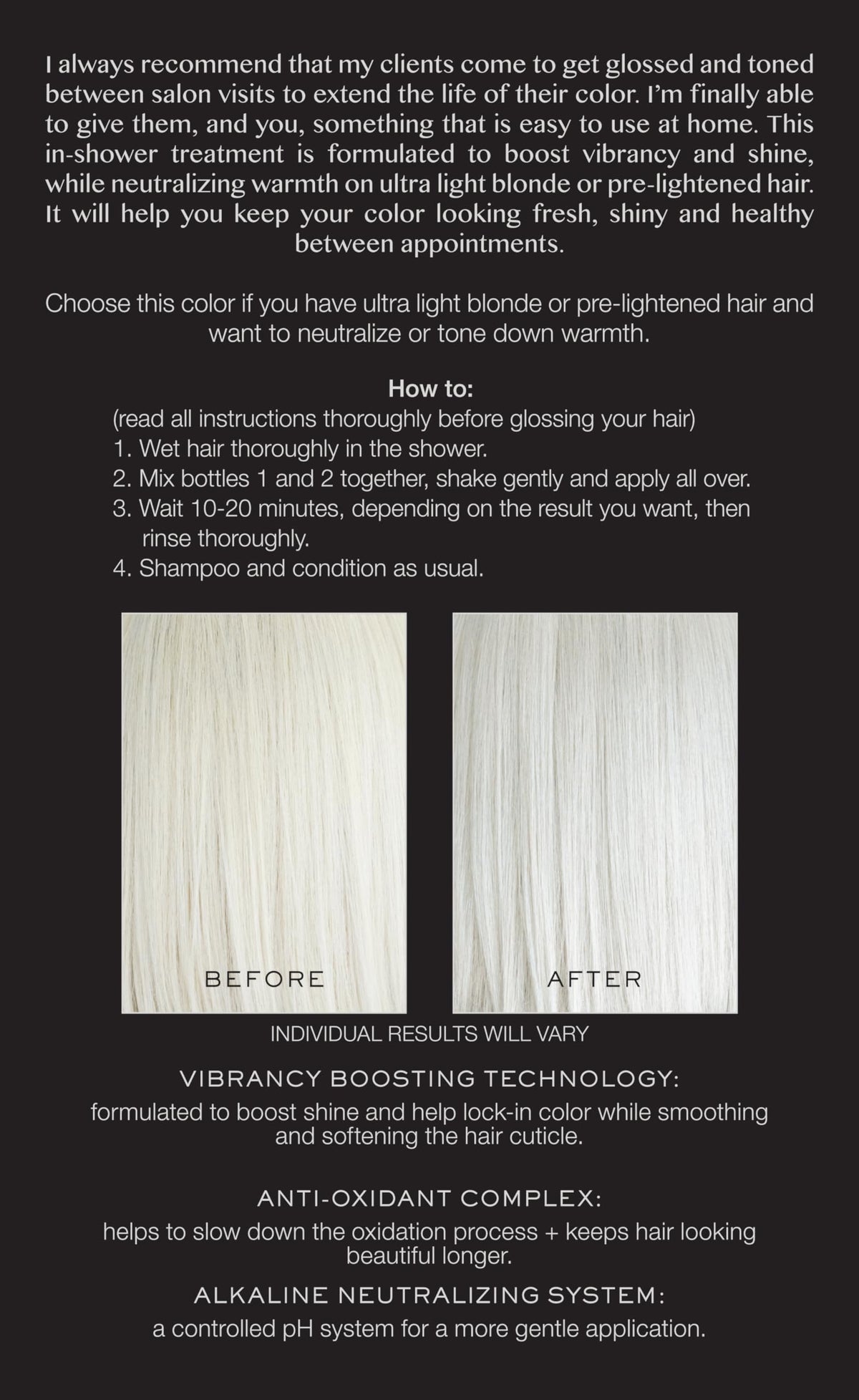 Kristin Ess The One Signature Hair Gloss Platinum color tone neutralization for cooler ash shades.