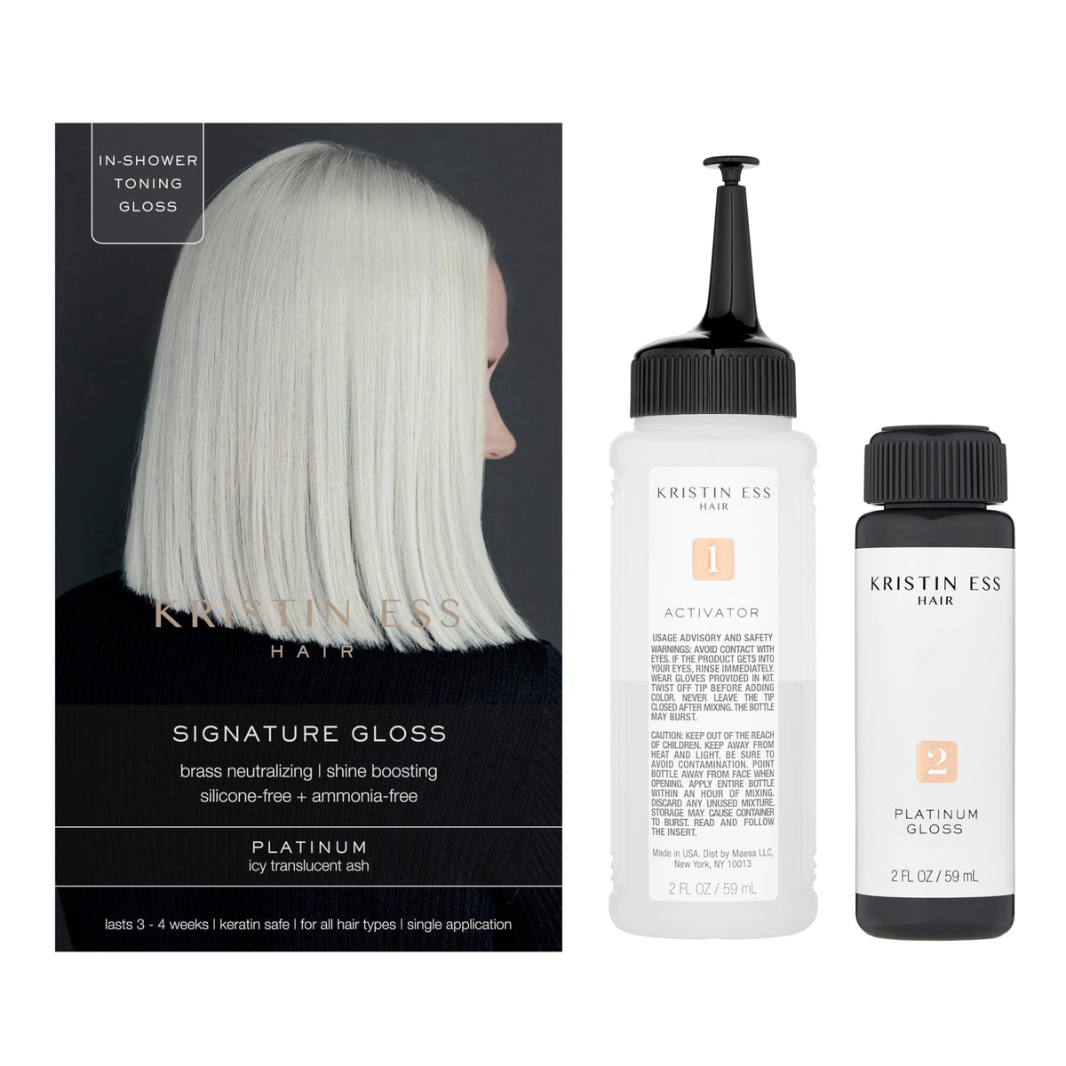 Kristin Ess The One Signature Hair Gloss Platinum in shower application demonstrates quick at home color toning.