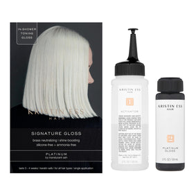 Kristin Ess The One Signature Hair Gloss Platinum in shower application demonstrates quick at home color toning.