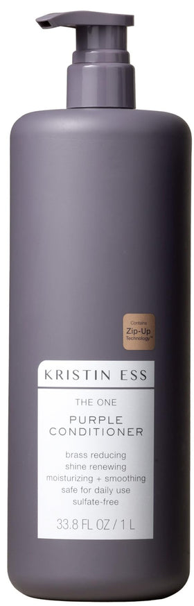 Kristin Ess The One Purple Conditioner bottle demonstrates toning for cooler blonde tones.