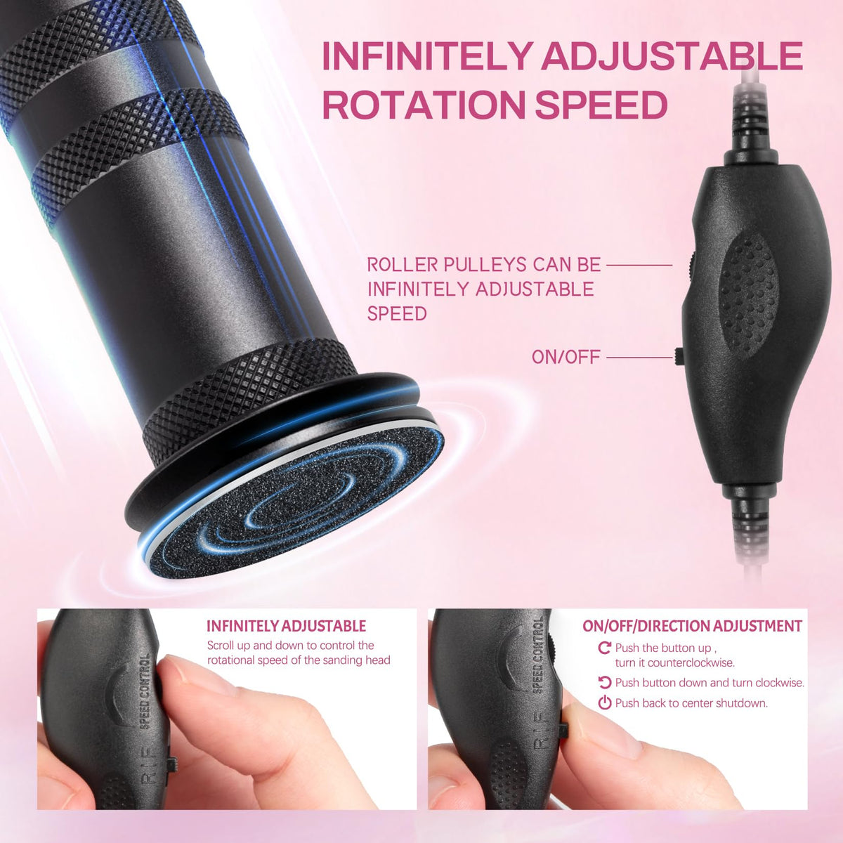 Krofaue foot file offers forward and backward rotation for thorough sanding.