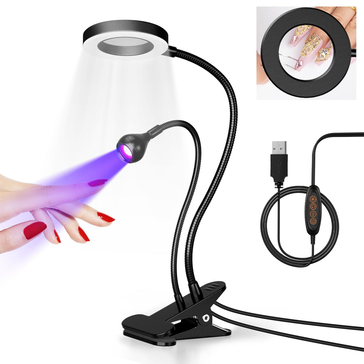 Krofaue dual-head UV nail lamp with magnifier for precise curing.