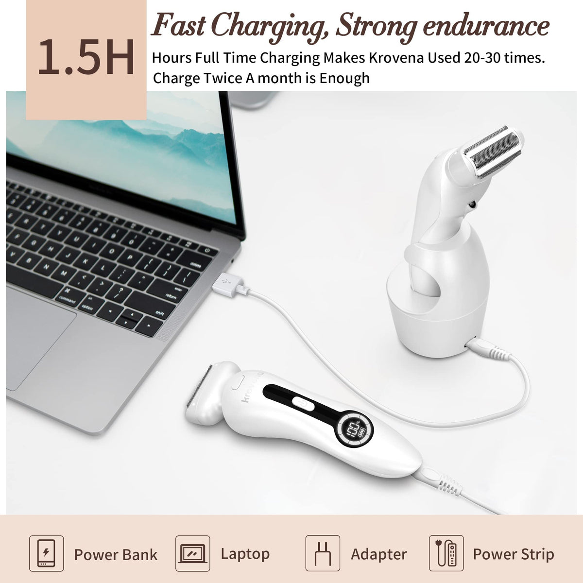 Krovena razor charges via USB for flexible power options.