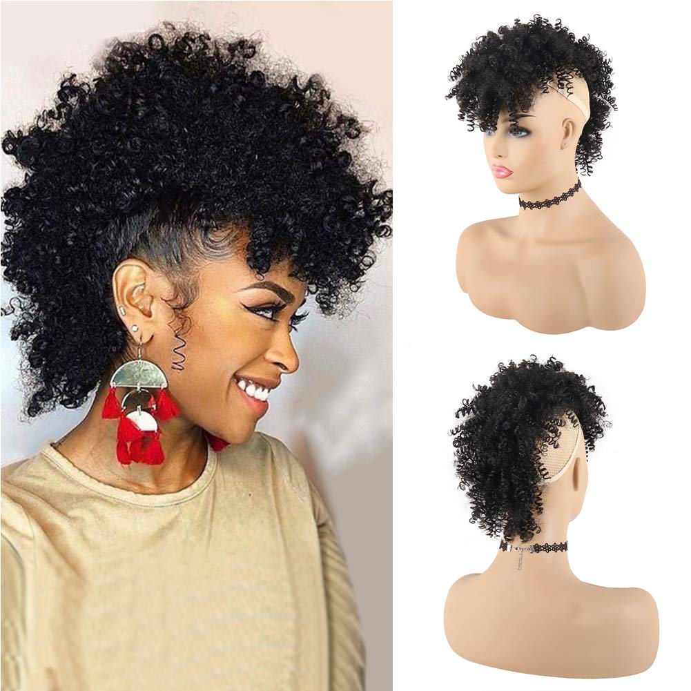 KRSI Afro High Puff bun with bangs, front view shows sleek drawstring attachment.