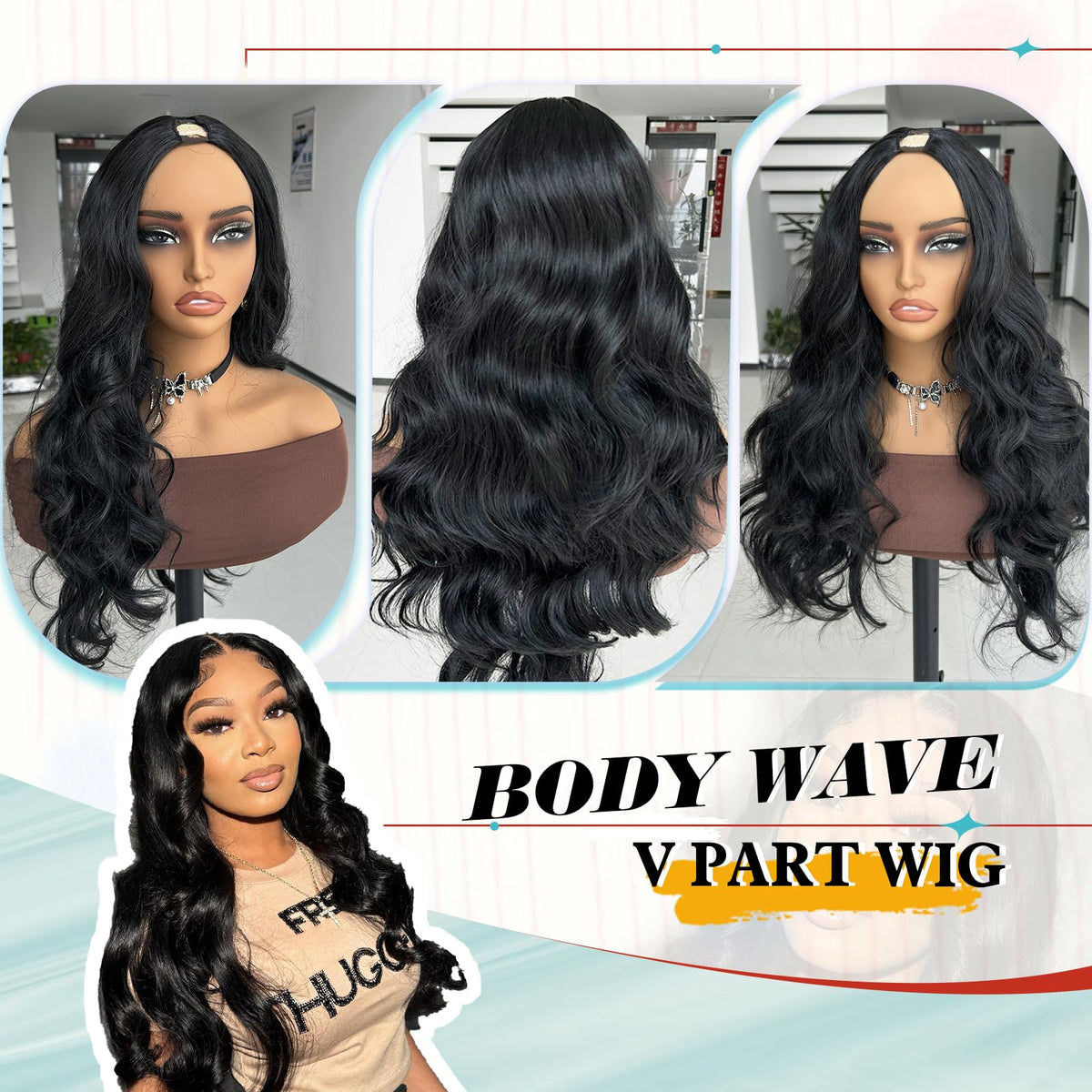 KRSI Black V Part wig close-up of heat-resistant fibers