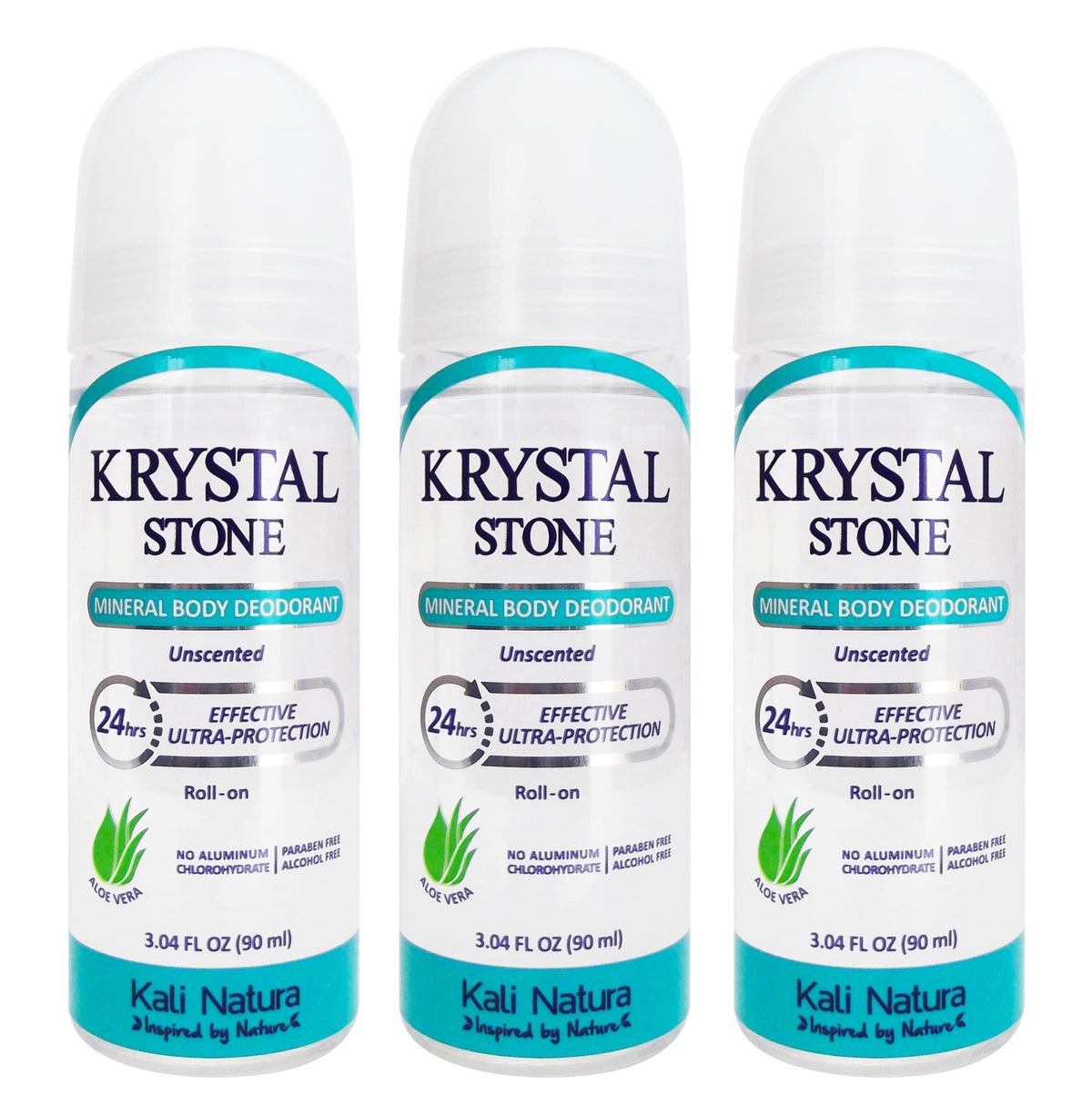 KRYSTAL STONE Deodorant Roll-On 3-Pack front view showing clear formula for daily protection