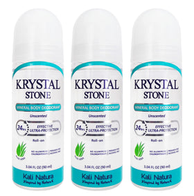 KRYSTAL STONE Deodorant Roll-On 3-Pack front view showing clear formula for daily protection