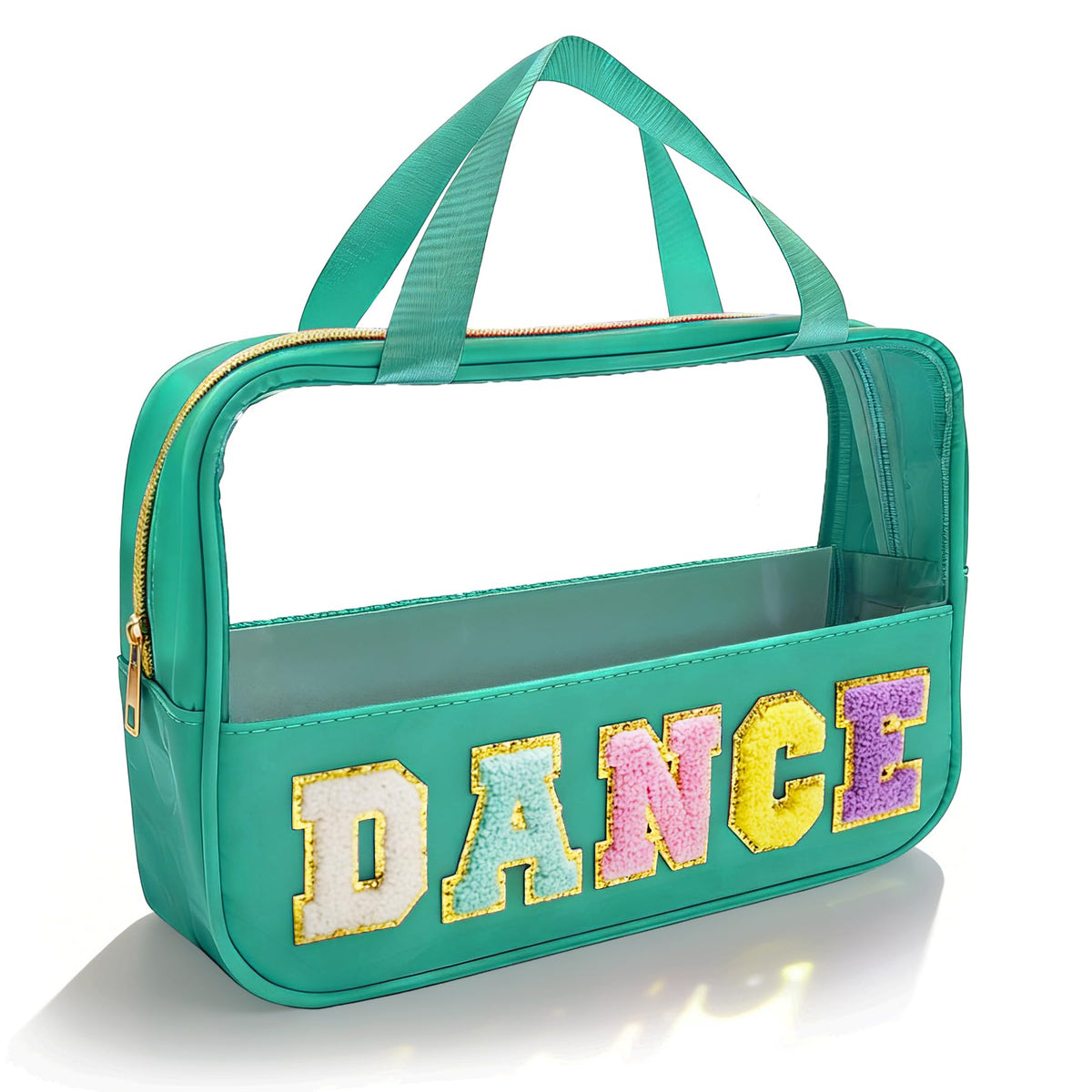 KRYZMET Dance Makeup Bag with glitter chenille patch, ideal for recitals.