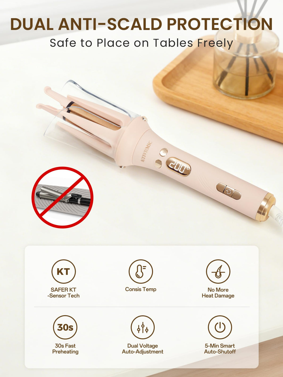 KTIVHMIC one-button automatic rotate simplifies effortless curling and styling