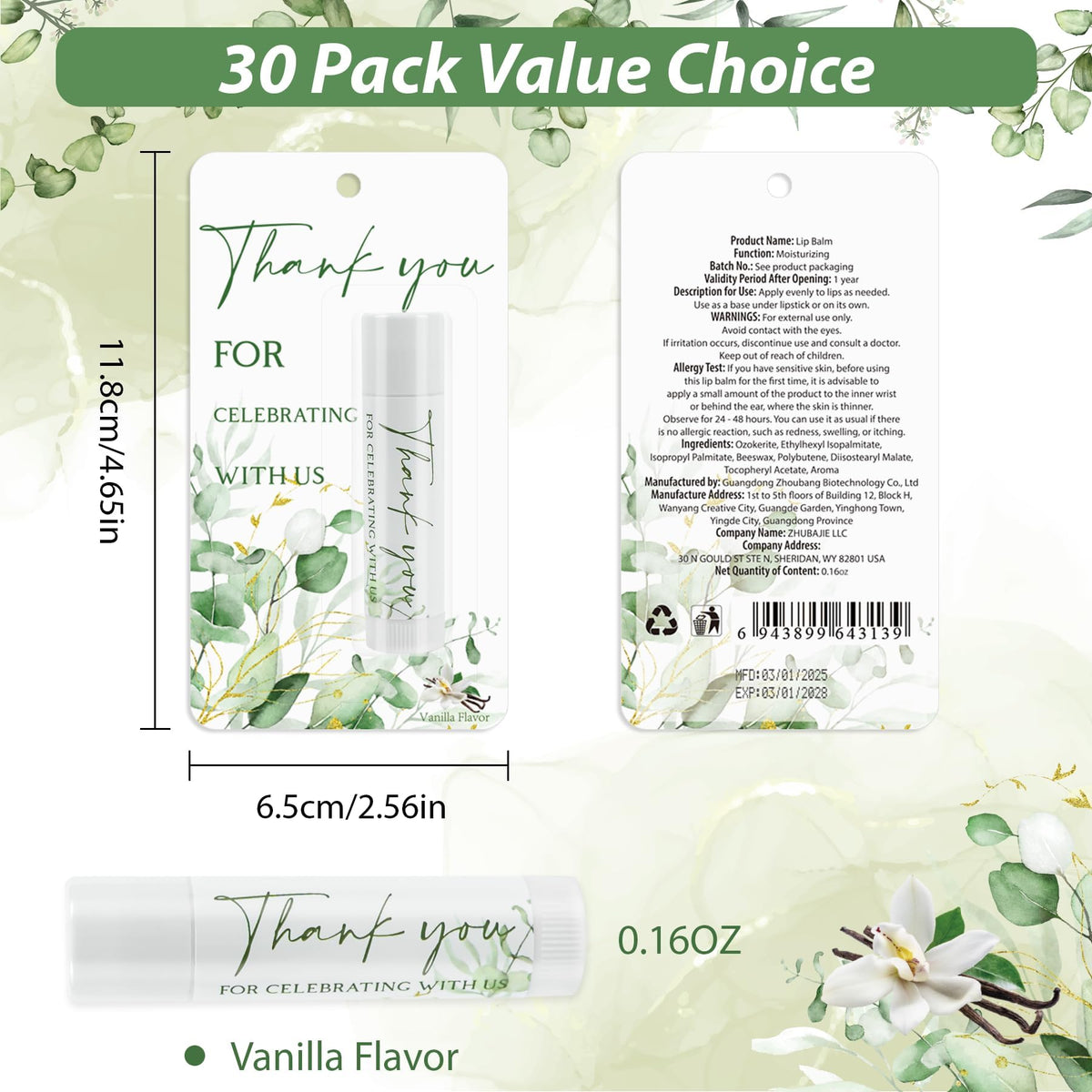 Kuabiz greenery eucalyptus lip balm 30-pack, perfect for eco-friendly party favors.
