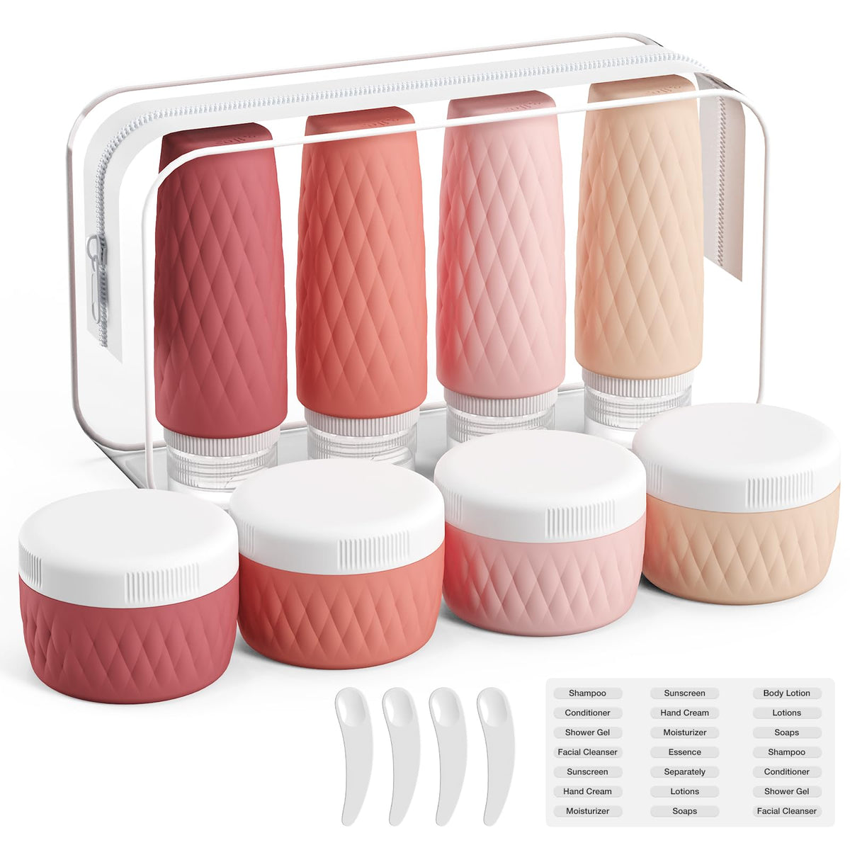 Kuangre travel bottles set neatly in a clear bag for easy packing