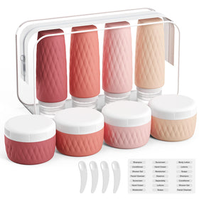 Kuangre travel bottles set neatly in a clear bag for easy packing